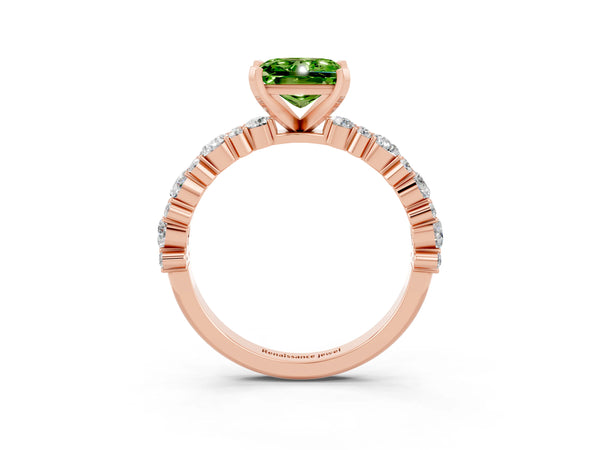 Rose gold Princess Cut Peridot Side Stone Solitaire Ring with Round  and Four-Prong Setting