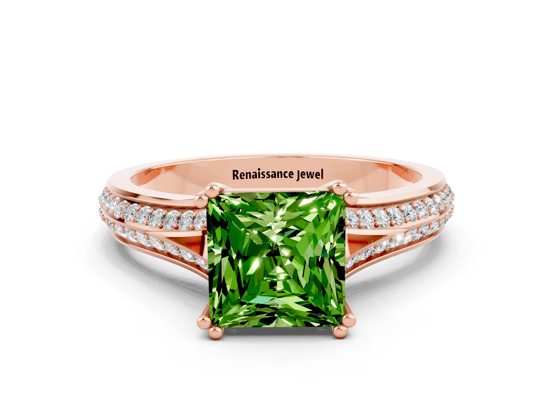 Rose gold Princess Cut Peridot Split Shank Engagement Ring with Pavé Band