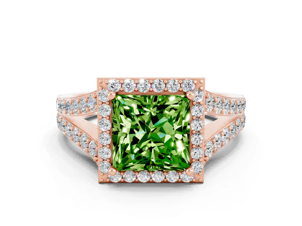 Rose gold Princess Cut Peridot Split Shank Halo Ring with Four-Prong Setting