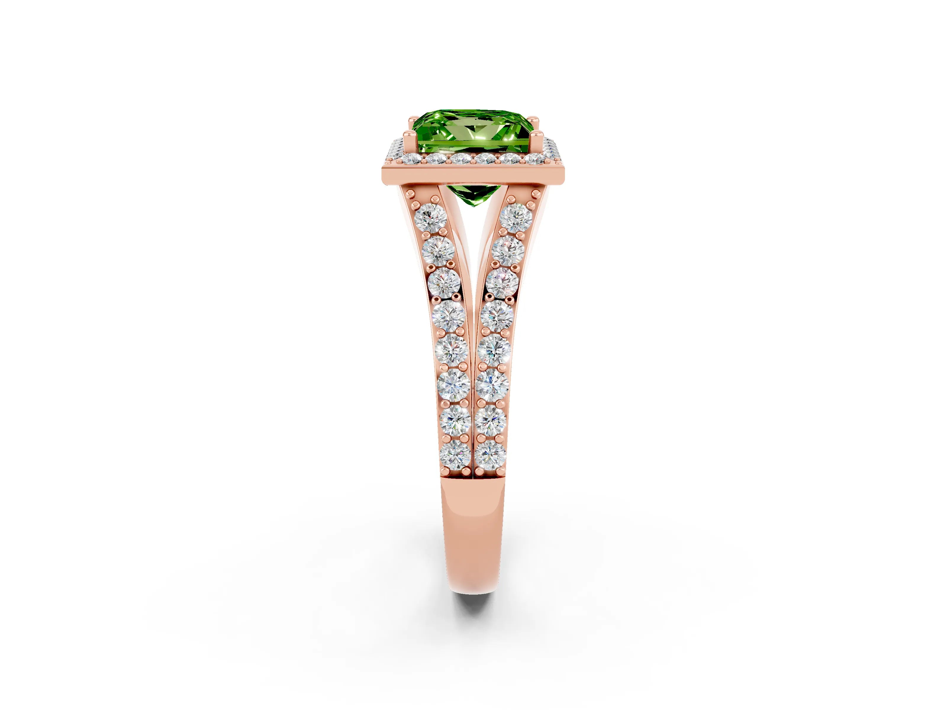 Rose gold Princess Cut Peridot Split Shank Halo Ring with Four-Prong Setting_14