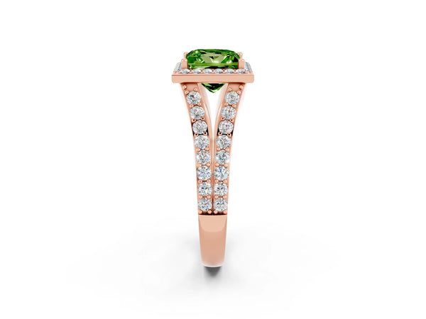 Rose gold Princess Cut Peridot Split Shank Halo Ring with Four-Prong Setting