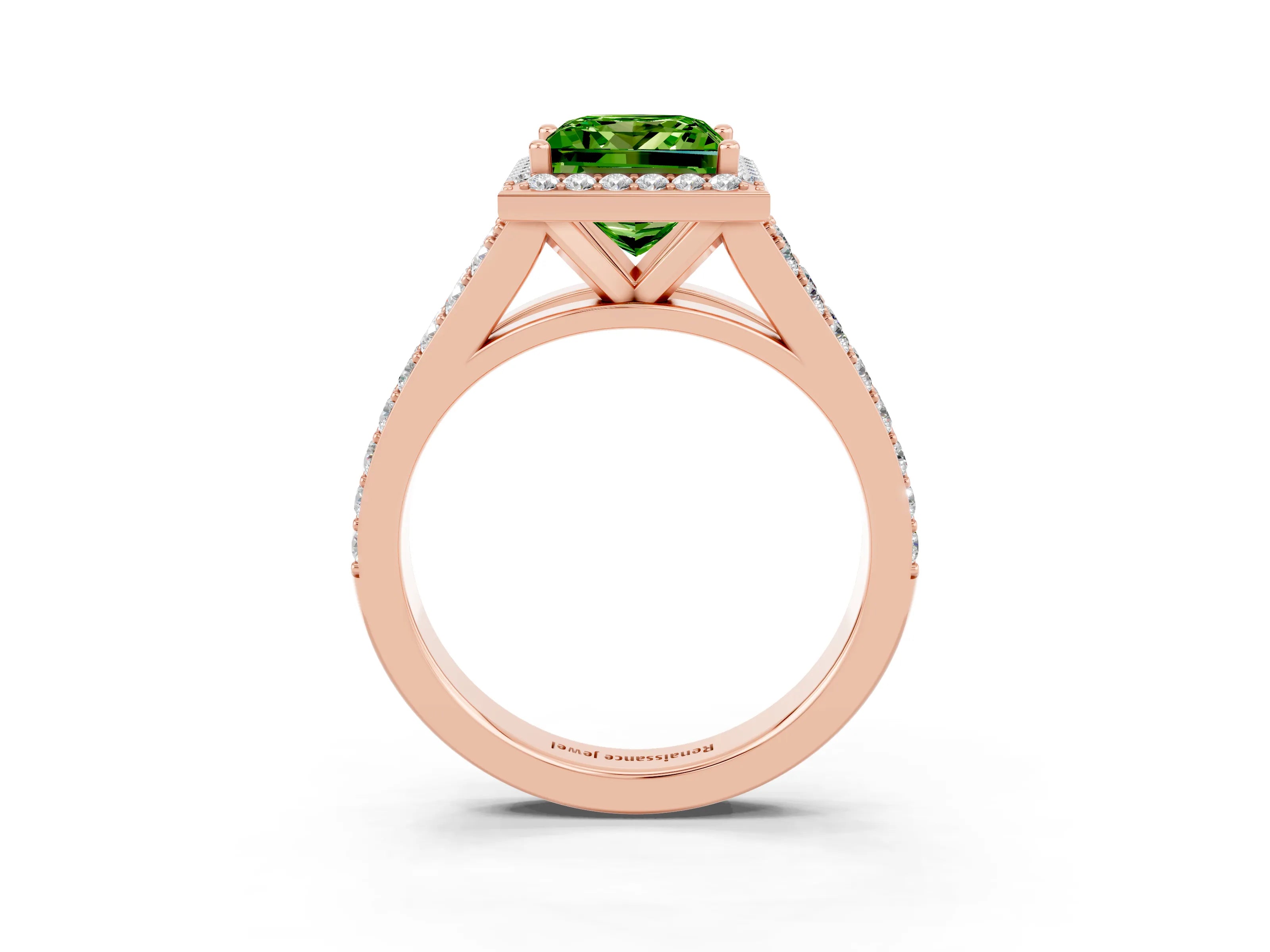 Rose gold Princess Cut Peridot Split Shank Halo Ring with Four-Prong Setting_15