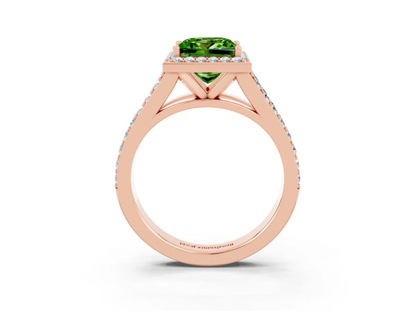 Rose gold Princess Cut Peridot Split Shank Halo Ring with Four-Prong Setting
