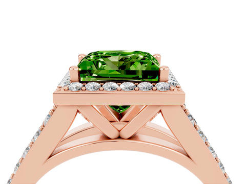 Rose gold Princess Cut Peridot Split Shank Halo Ring with Four-Prong Setting_16