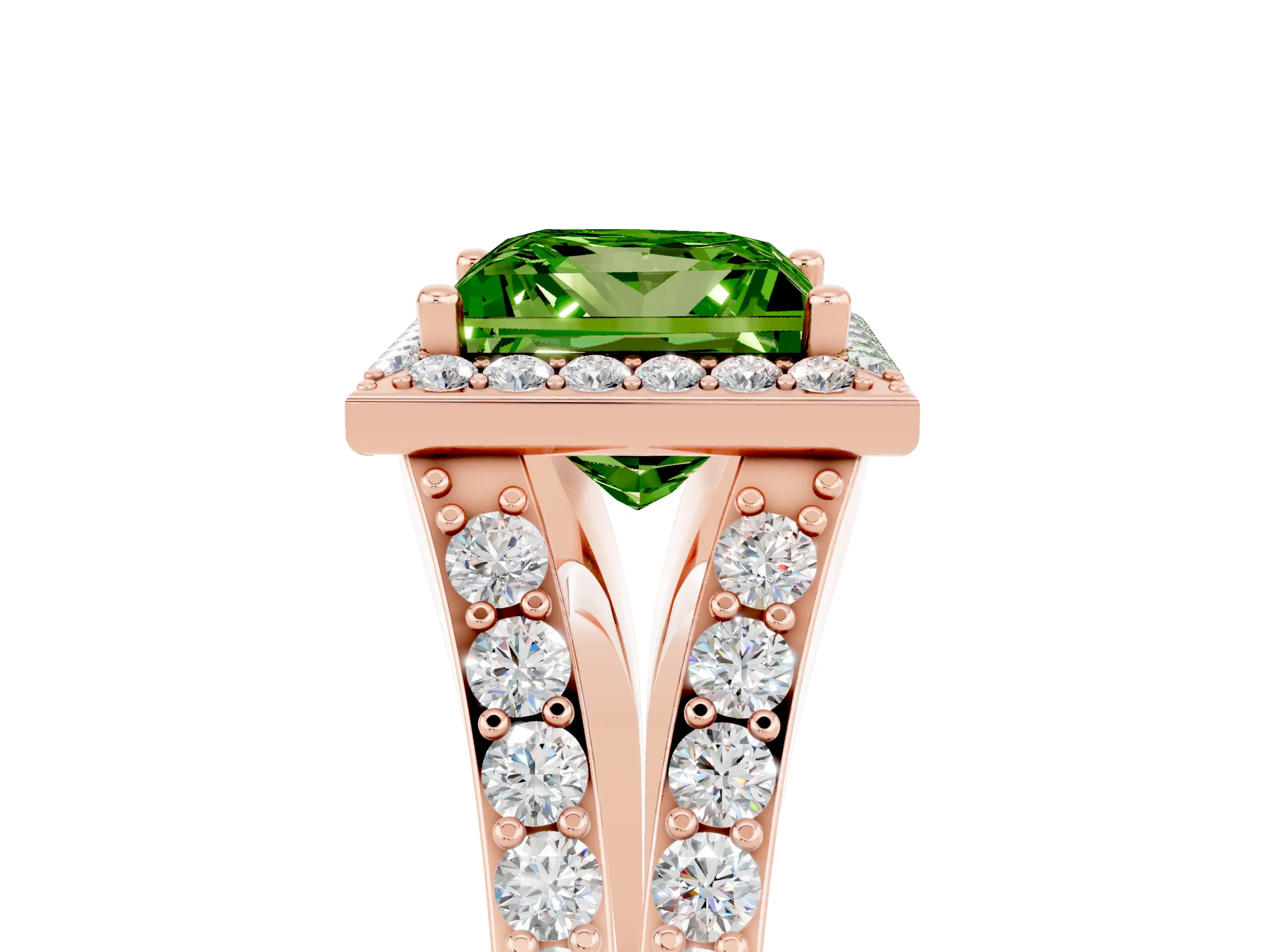 Rose gold Princess Cut Peridot Split Shank Halo Ring with Four-Prong Setting_17