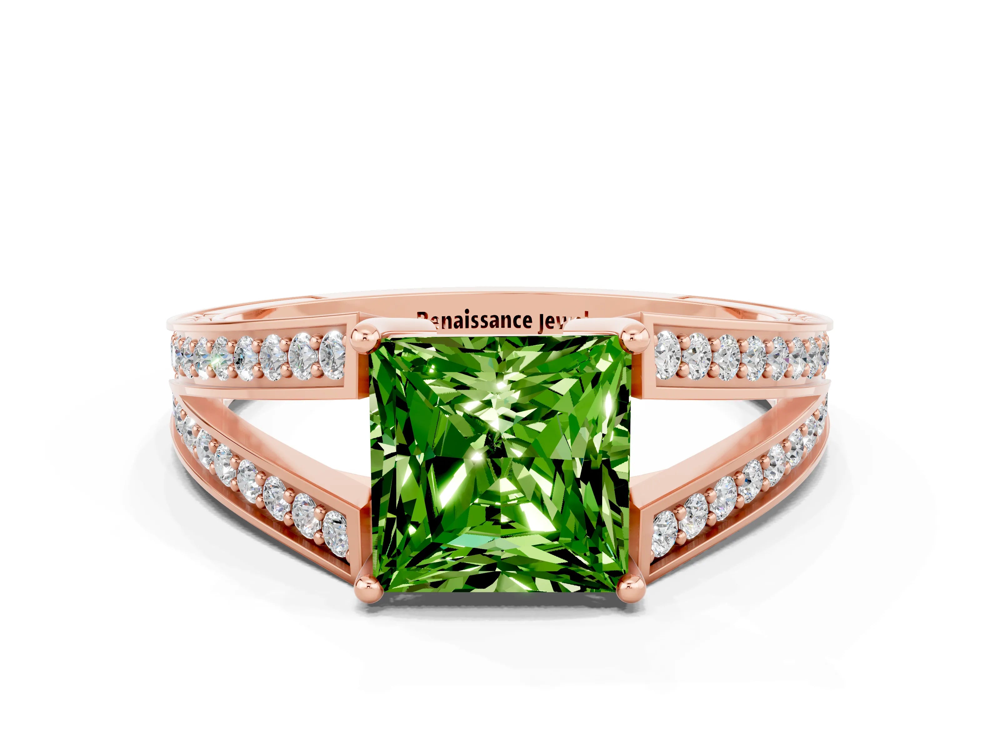 Rose gold Princess Cut Peridot Split Shank Ring with Pavé Band and Four-Prong Setting