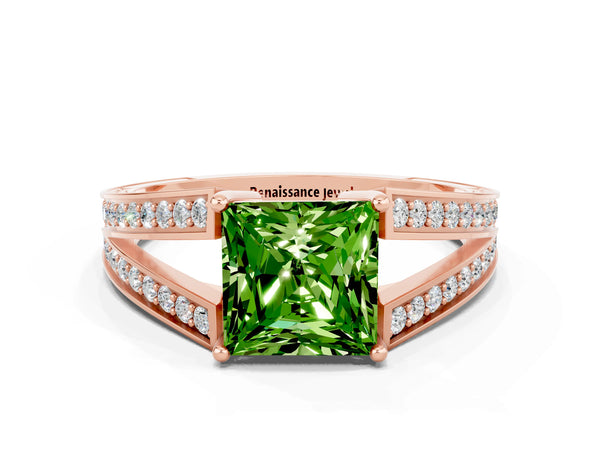 Rose gold Princess Cut Peridot Split Shank Ring with Pavé Band and Four-Prong Setting