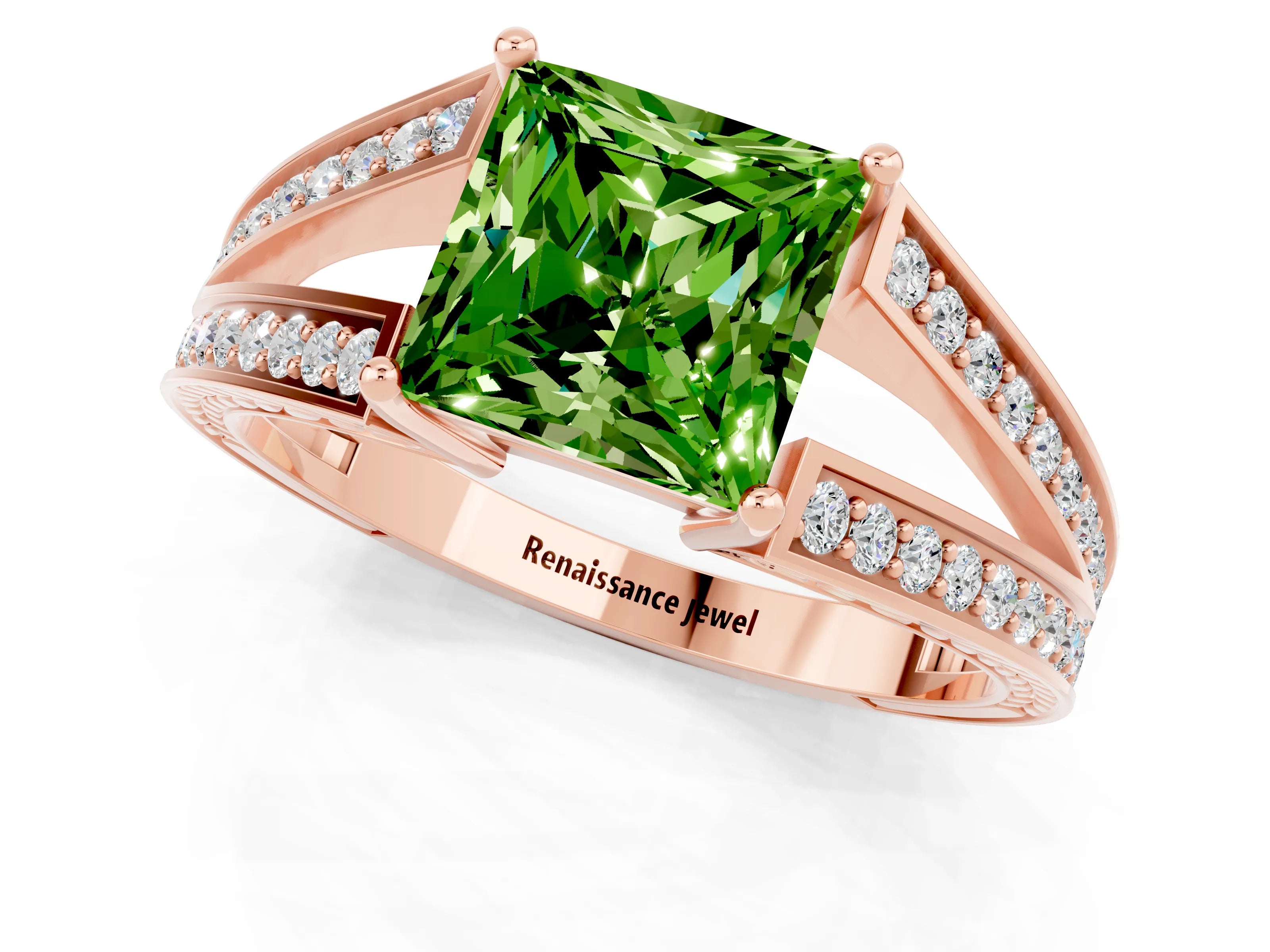 Rose gold Princess Cut Peridot Split Shank Ring with Pavé Band and Four-Prong Setting_1
