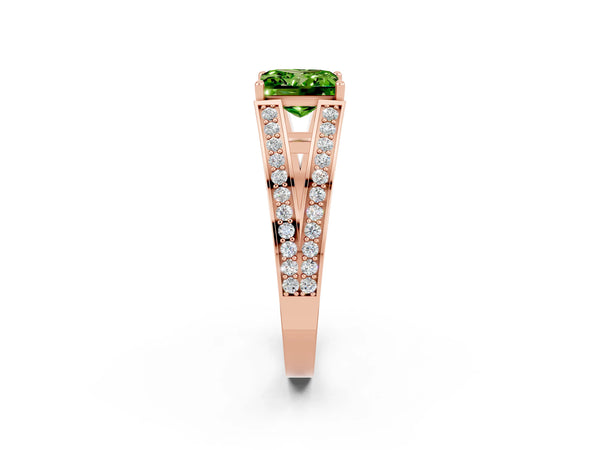 Rose gold Princess Cut Peridot Split Shank Ring with Pavé Band and Four-Prong Setting