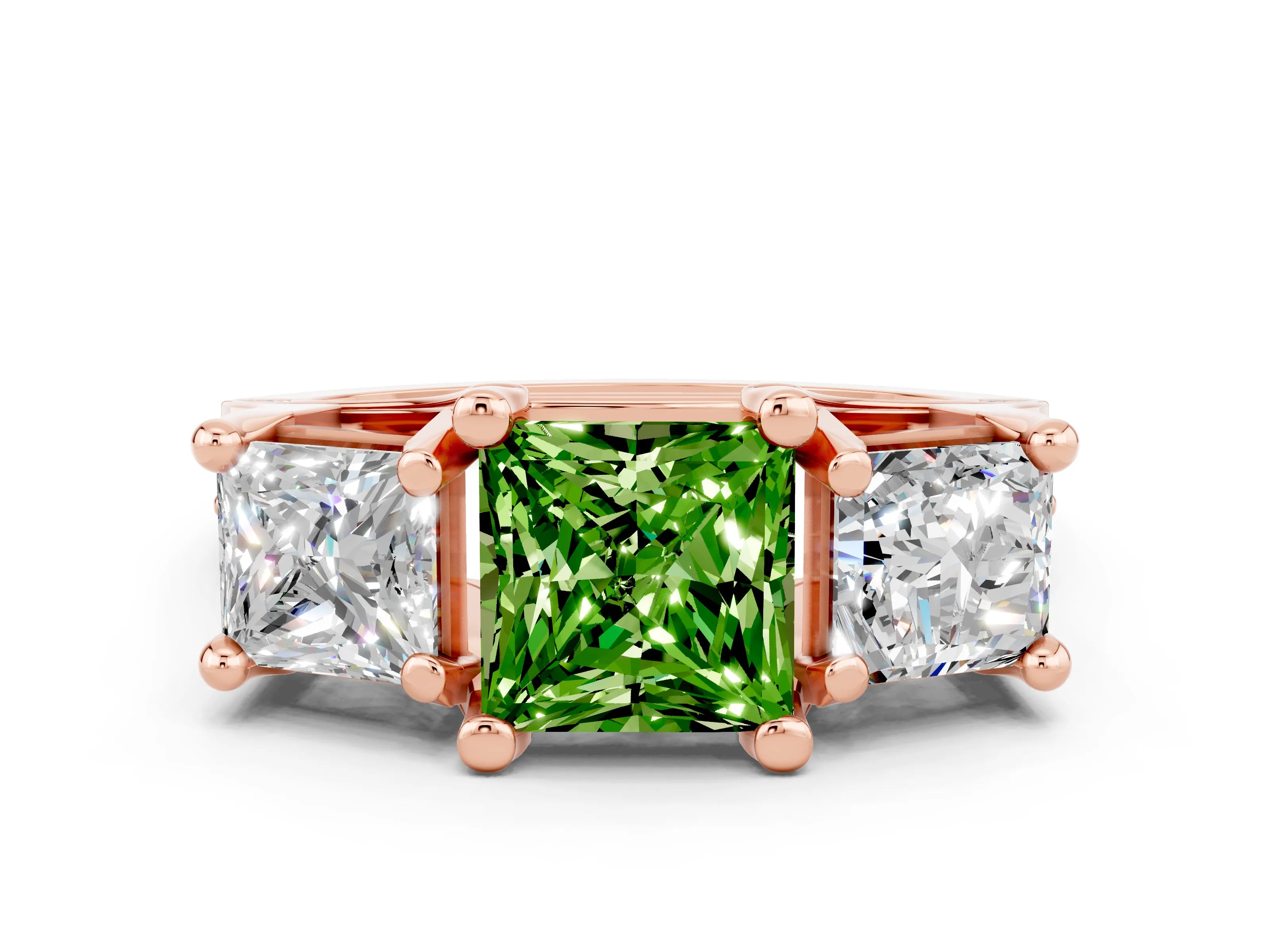 Rose gold Princess Cut Peridot Three-Stone Ring with Channel Set Band and Four-Prong Setting