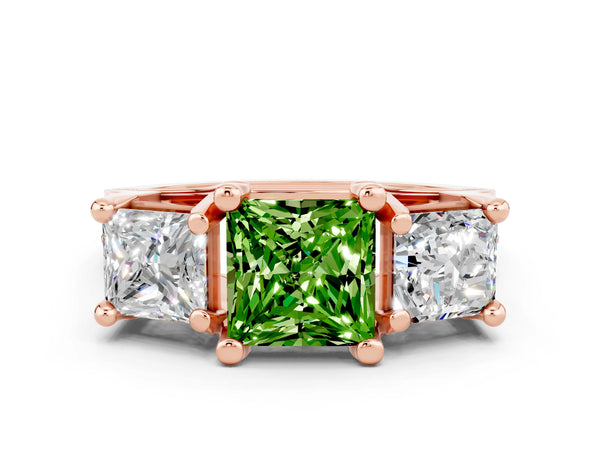 Rose gold Princess Cut Peridot Three-Stone Ring with Channel Set Band and Four-Prong Setting