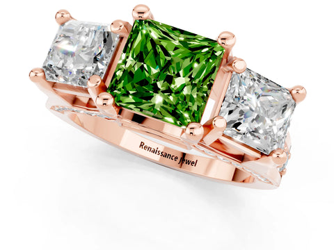 Rose gold Princess Cut Peridot Three-Stone Ring with Channel Set Band and Four-Prong Setting_1