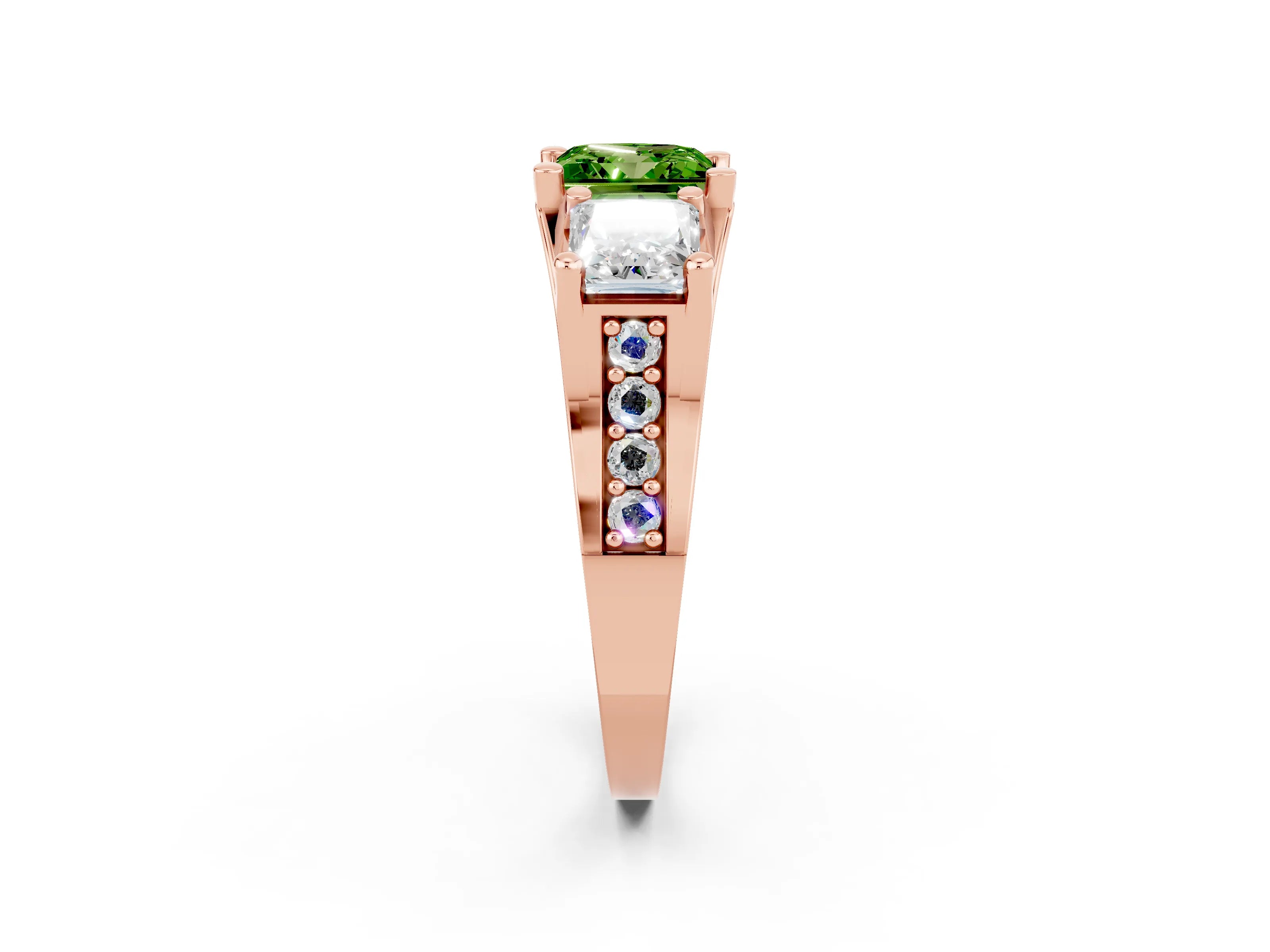 Rose gold Princess Cut Peridot Three-Stone Ring with Channel Set Band and Four-Prong Setting_2
