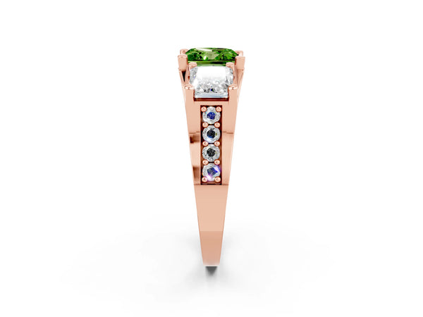 Rose gold Princess Cut Peridot Three-Stone Ring with Channel Set Band and Four-Prong Setting
