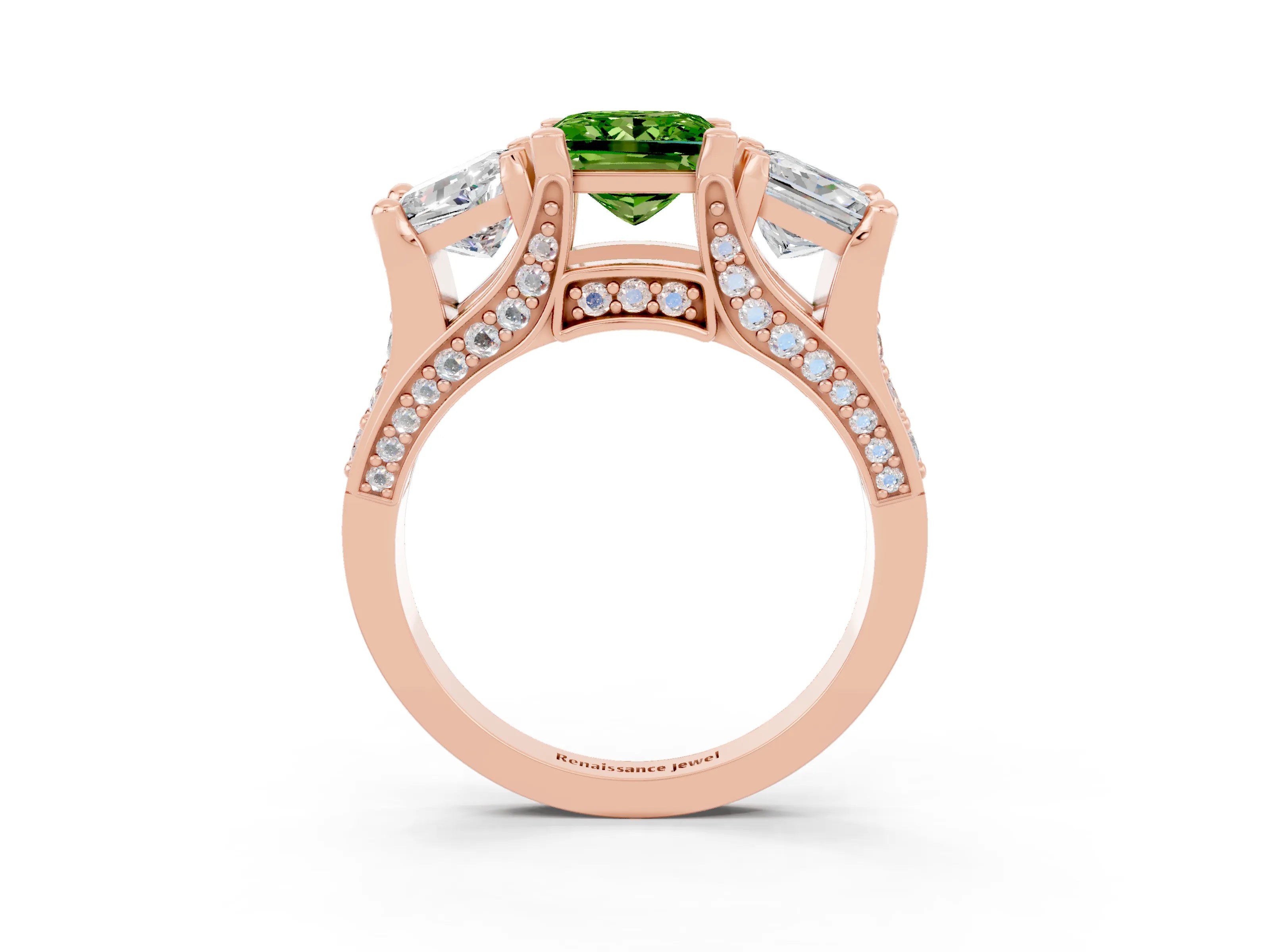 Rose gold Princess Cut Peridot Three-Stone Ring with Channel Set Band and Four-Prong Setting_3