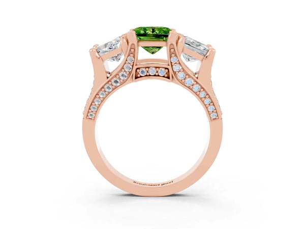 Rose gold Princess Cut Peridot Three-Stone Ring with Channel Set Band and Four-Prong Setting