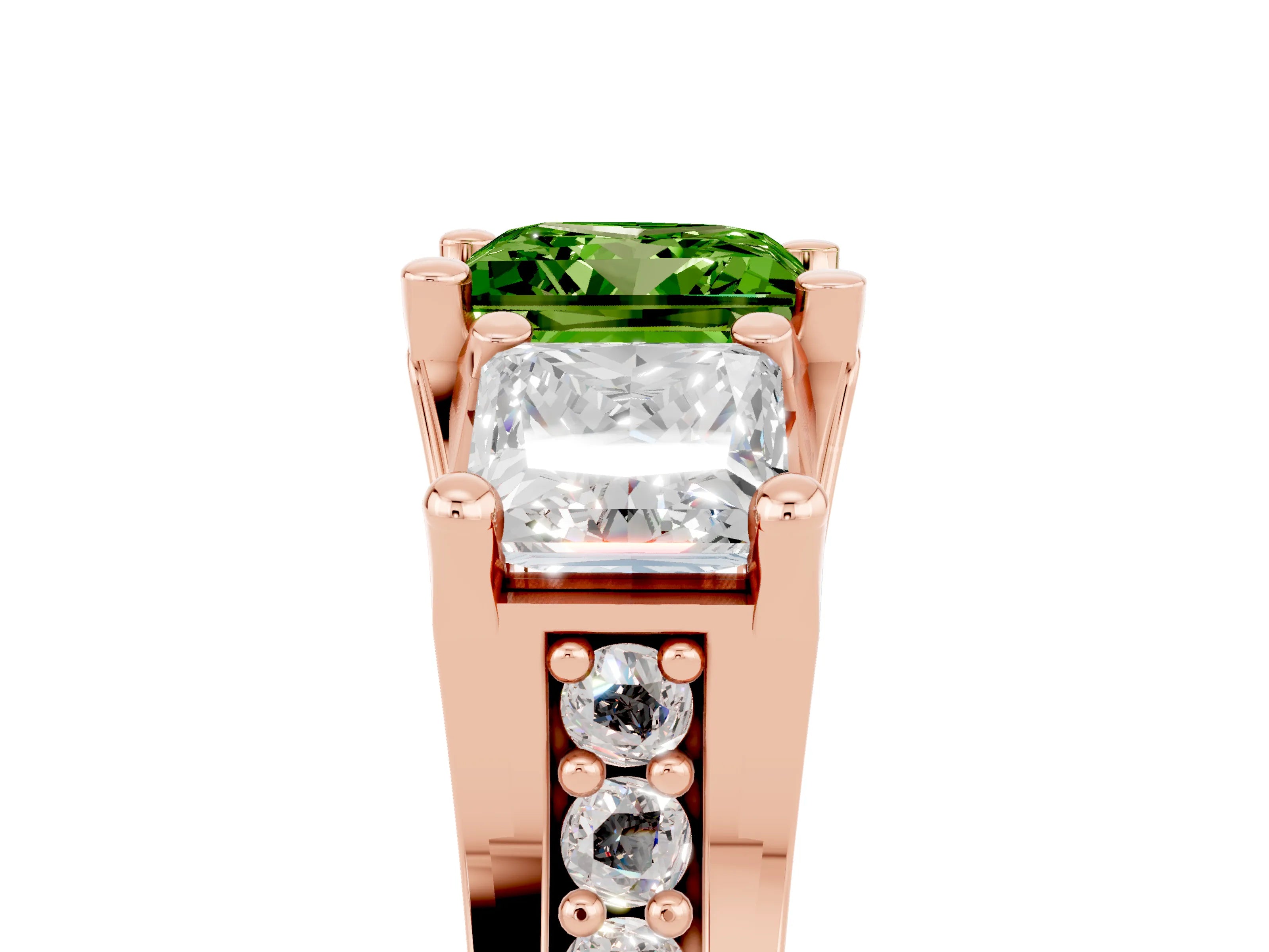 Rose gold Princess Cut Peridot Three-Stone Ring with Channel Set Band and Four-Prong Setting_5