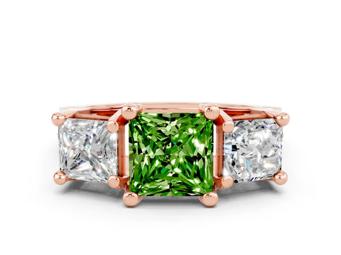 Rose gold Princess Cut Peridot Three-Stone Ring with Channel Set Band and Four-Prong Setting