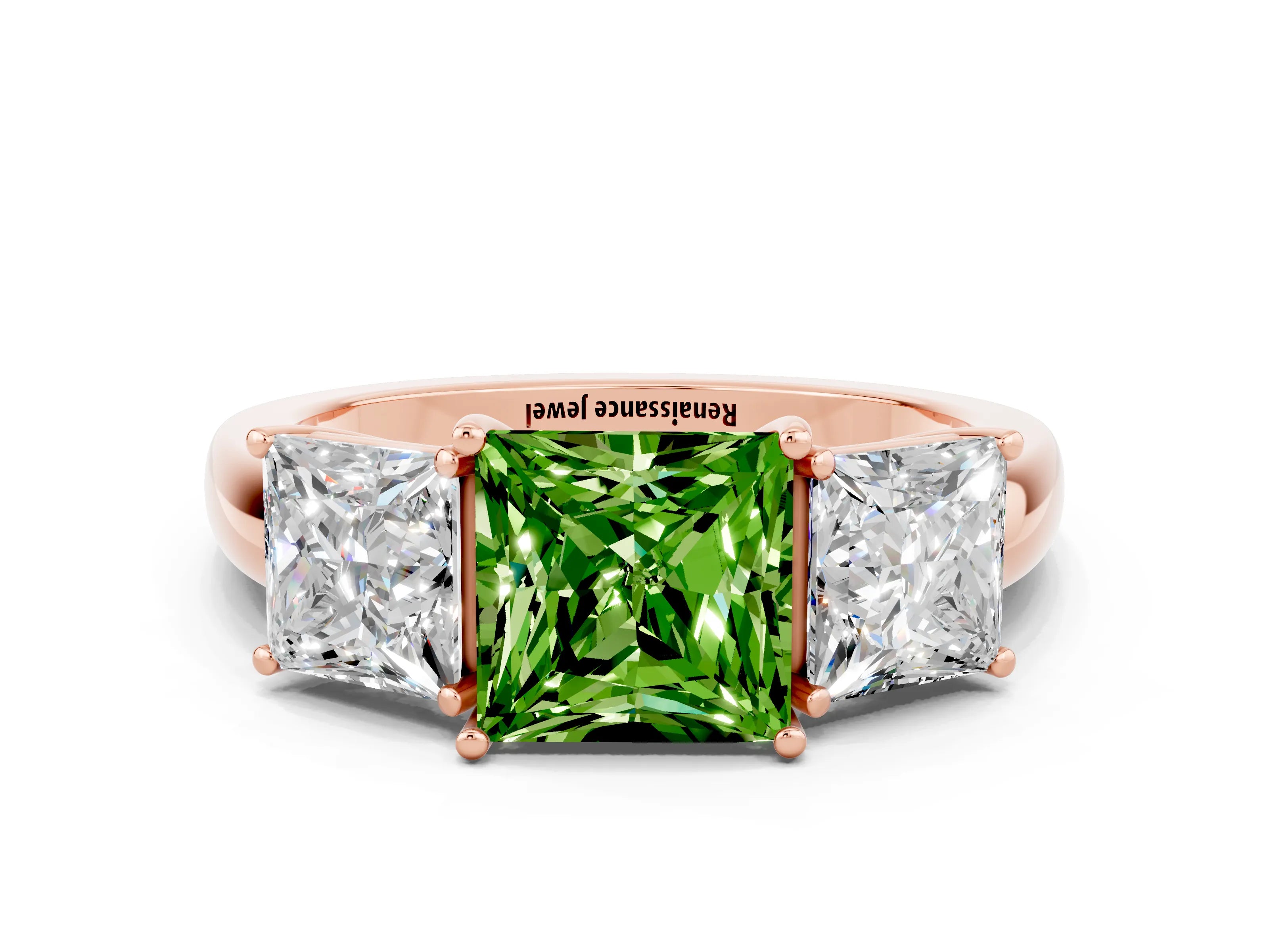 Rose gold Princess Cut Peridot Three-Stone Ring with Four-Prong Setting and Classic Band
