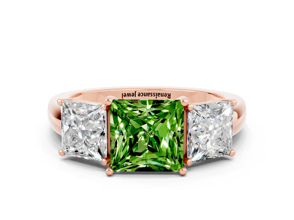 Rose gold Princess Cut Peridot Three-Stone Ring with Four-Prong Setting and Classic Band