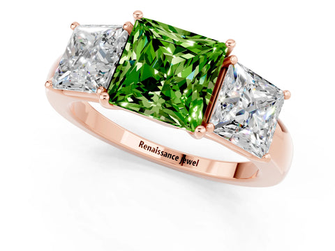 Rose gold Princess Cut Peridot Three-Stone Ring with Four-Prong Setting and Classic Band_1