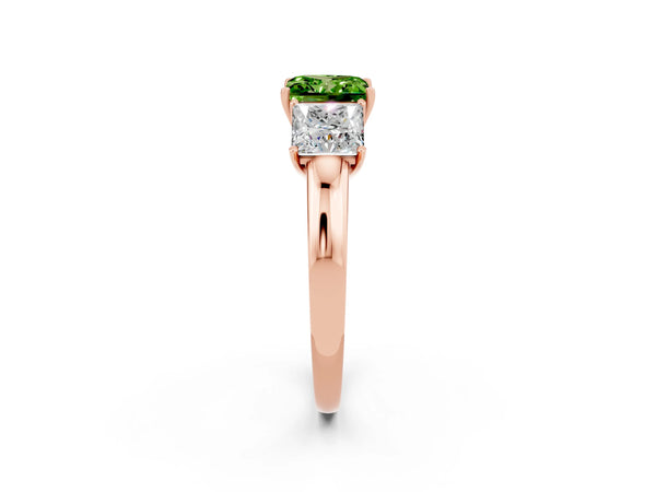 Rose gold Princess Cut Peridot Three-Stone Ring with Four-Prong Setting and Classic Band