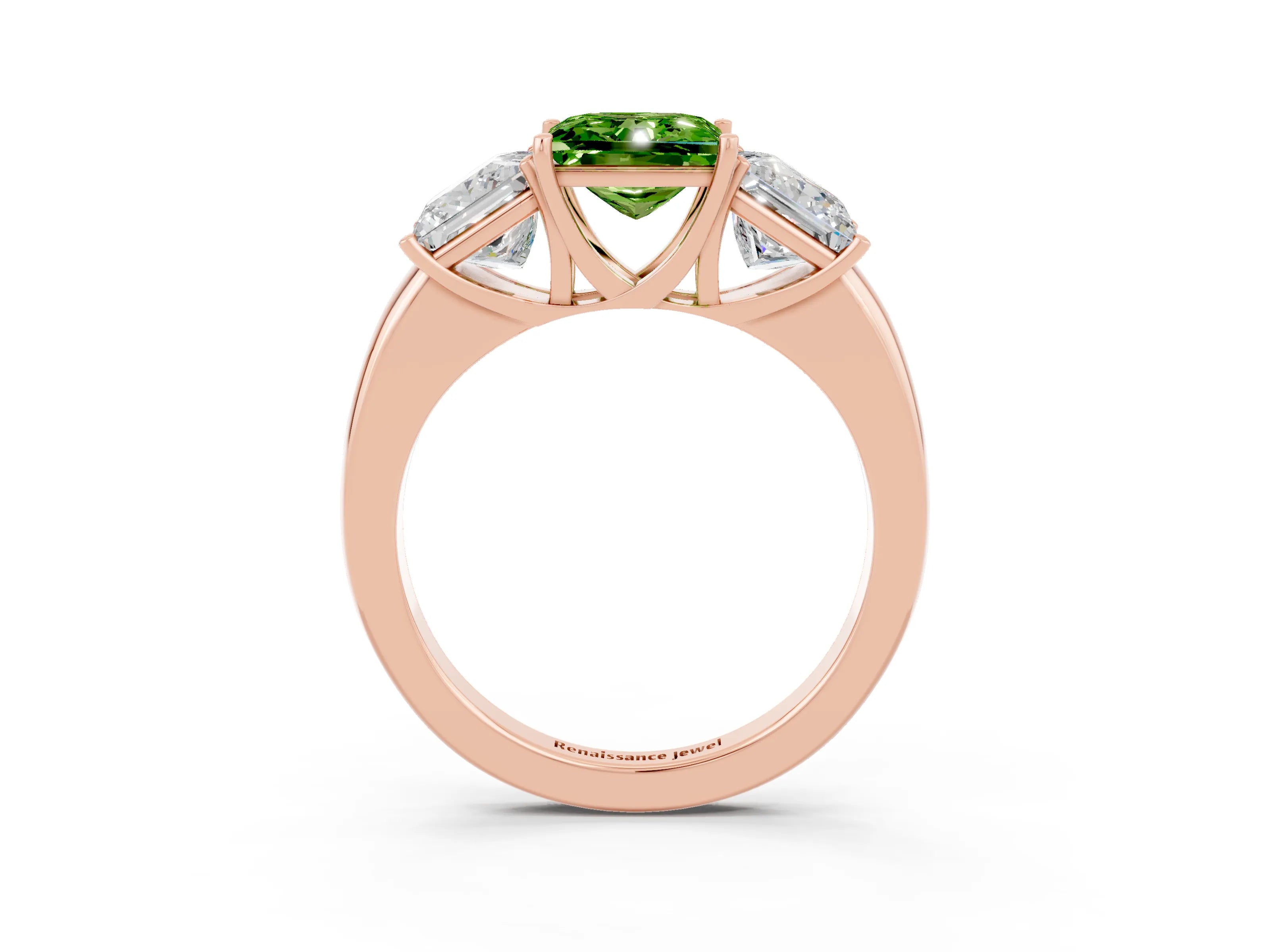 Rose gold Princess Cut Peridot Three-Stone Ring with Four-Prong Setting and Classic Band_3