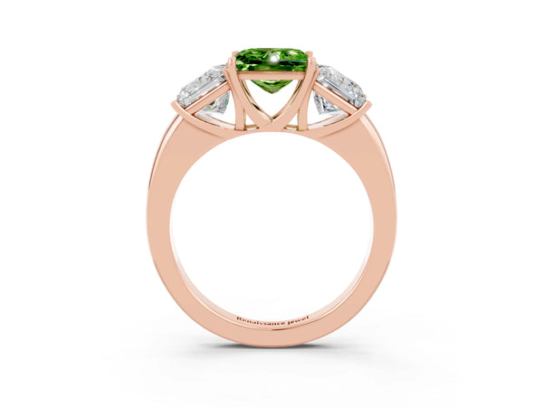 Rose gold Princess Cut Peridot Three-Stone Ring with Four-Prong Setting and Classic Band
