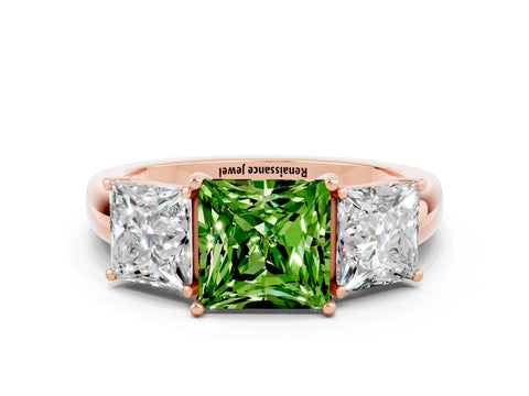 Rose gold Princess Cut Peridot Three-Stone Ring with Four-Prong Setting and Classic Band