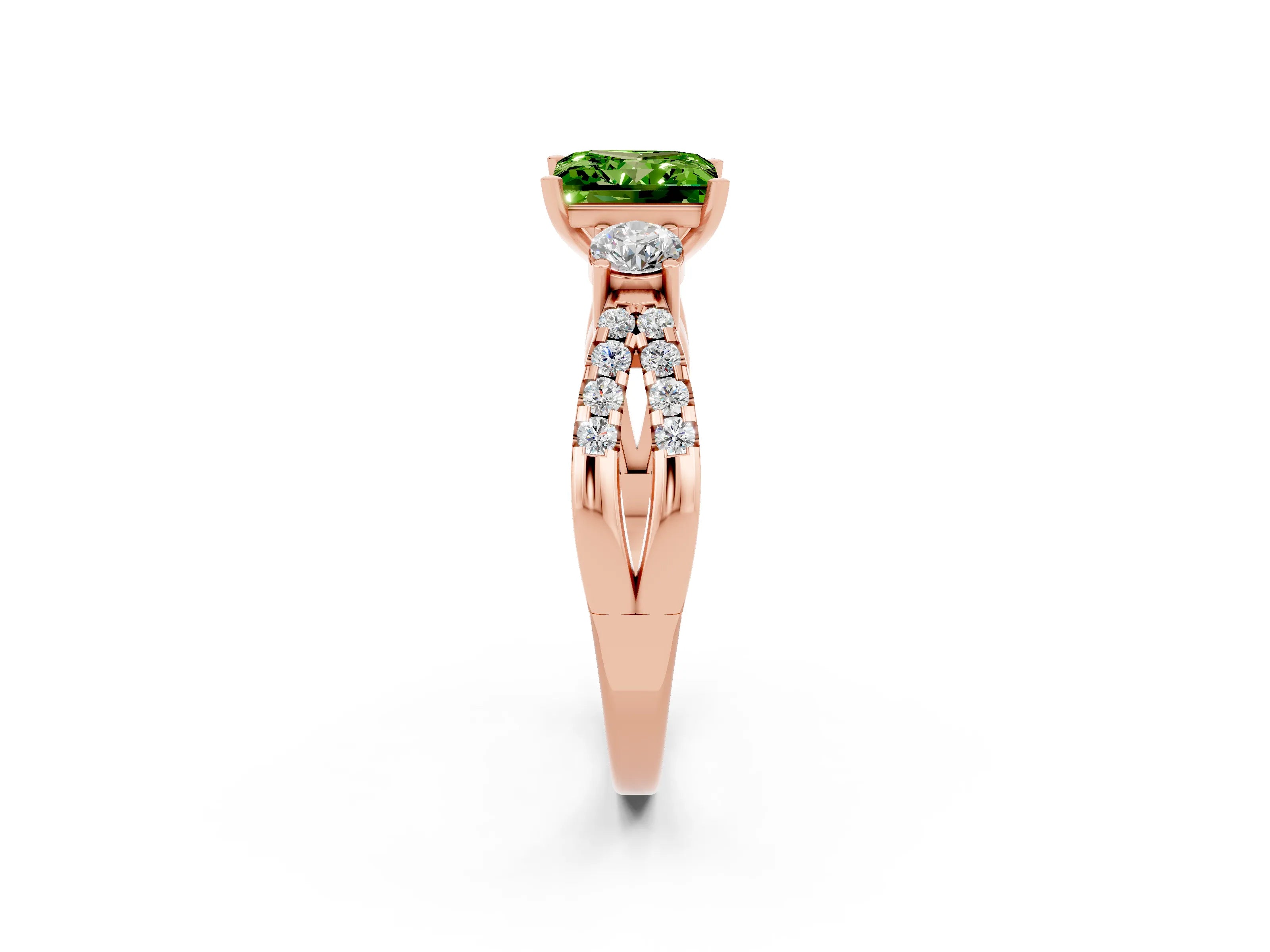 Rose gold Princess Cut Peridot Three-Stone Ring with Pavé Split Shank and Four-Prong Setting_2