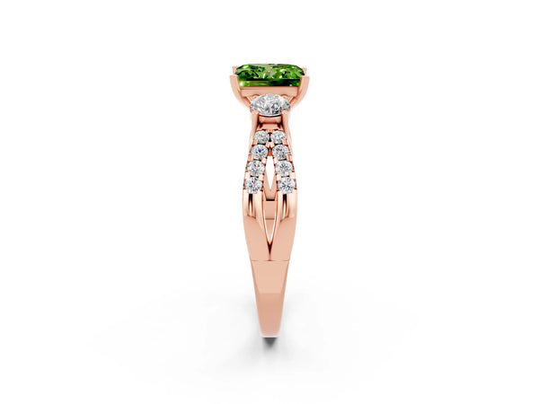 Rose gold Princess Cut Peridot Three-Stone Ring with Pavé Split Shank and Four-Prong Setting