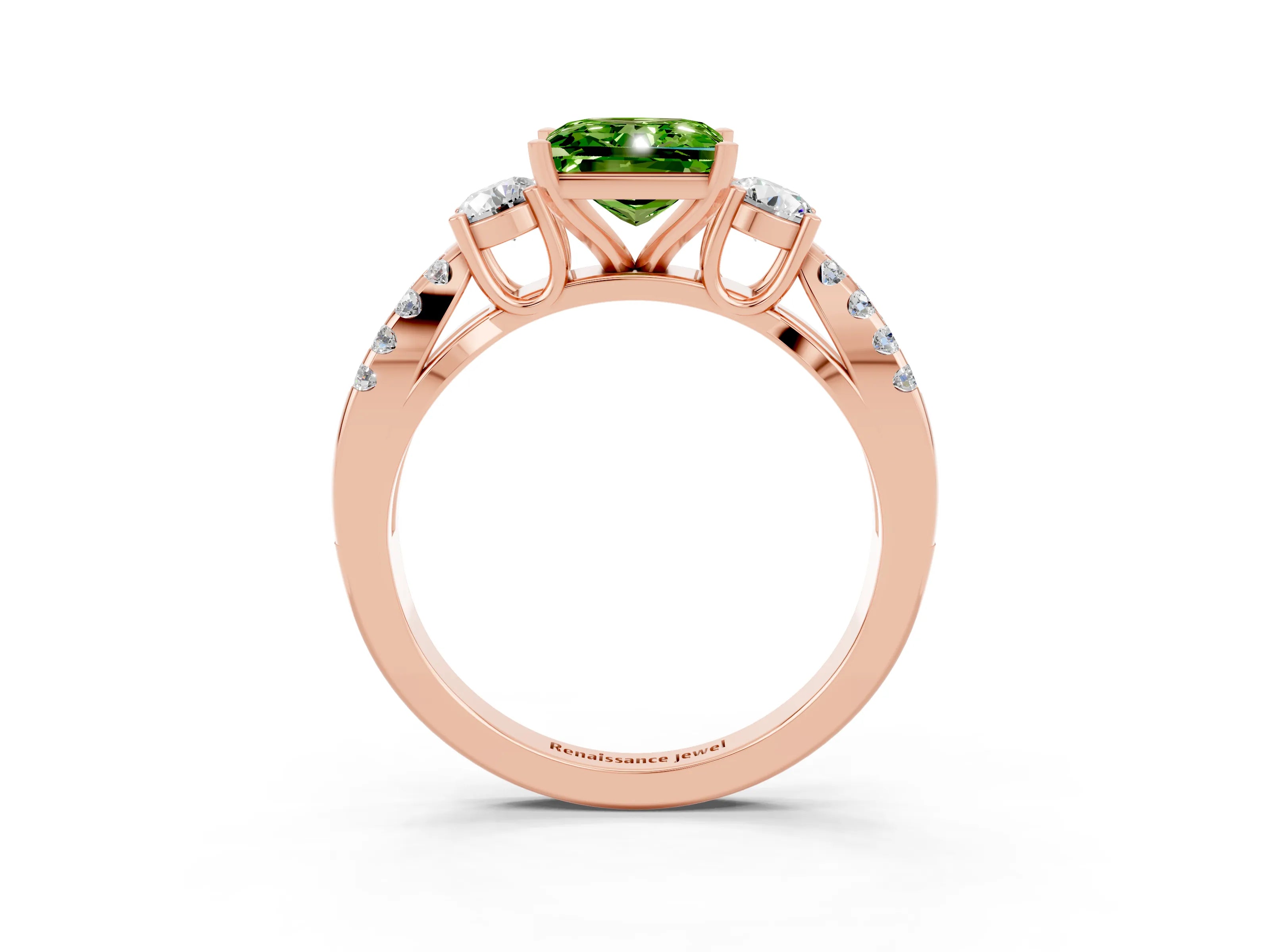 Rose gold Princess Cut Peridot Three-Stone Ring with Pavé Split Shank and Four-Prong Setting_3