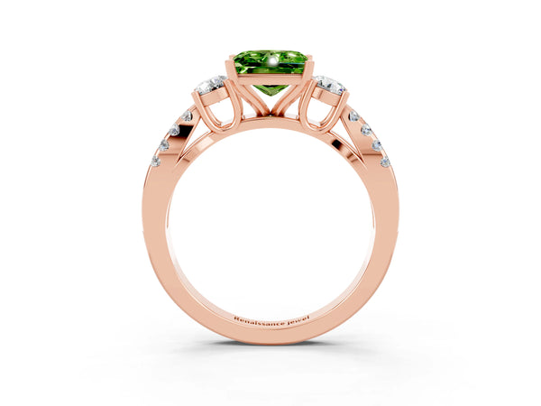 Rose gold Princess Cut Peridot Three-Stone Ring with Pavé Split Shank and Four-Prong Setting