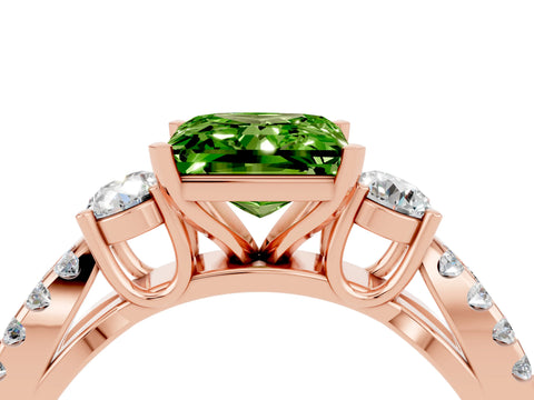 Rose gold Princess Cut Peridot Three-Stone Ring with Pavé Split Shank and Four-Prong Setting_4
