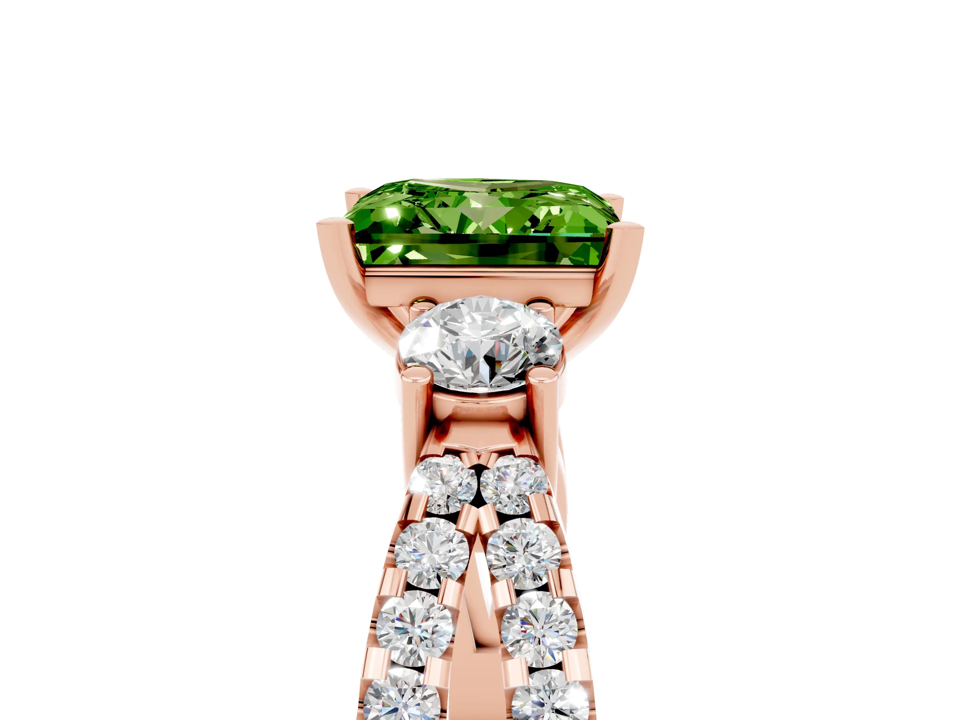 Rose gold Princess Cut Peridot Three-Stone Ring with Pavé Split Shank and Four-Prong Setting_5