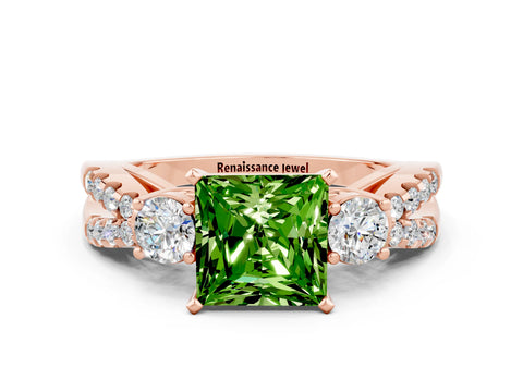 Rose gold Princess Cut Peridot Three-Stone Ring with Pavé Split Shank and Four-Prong Setting