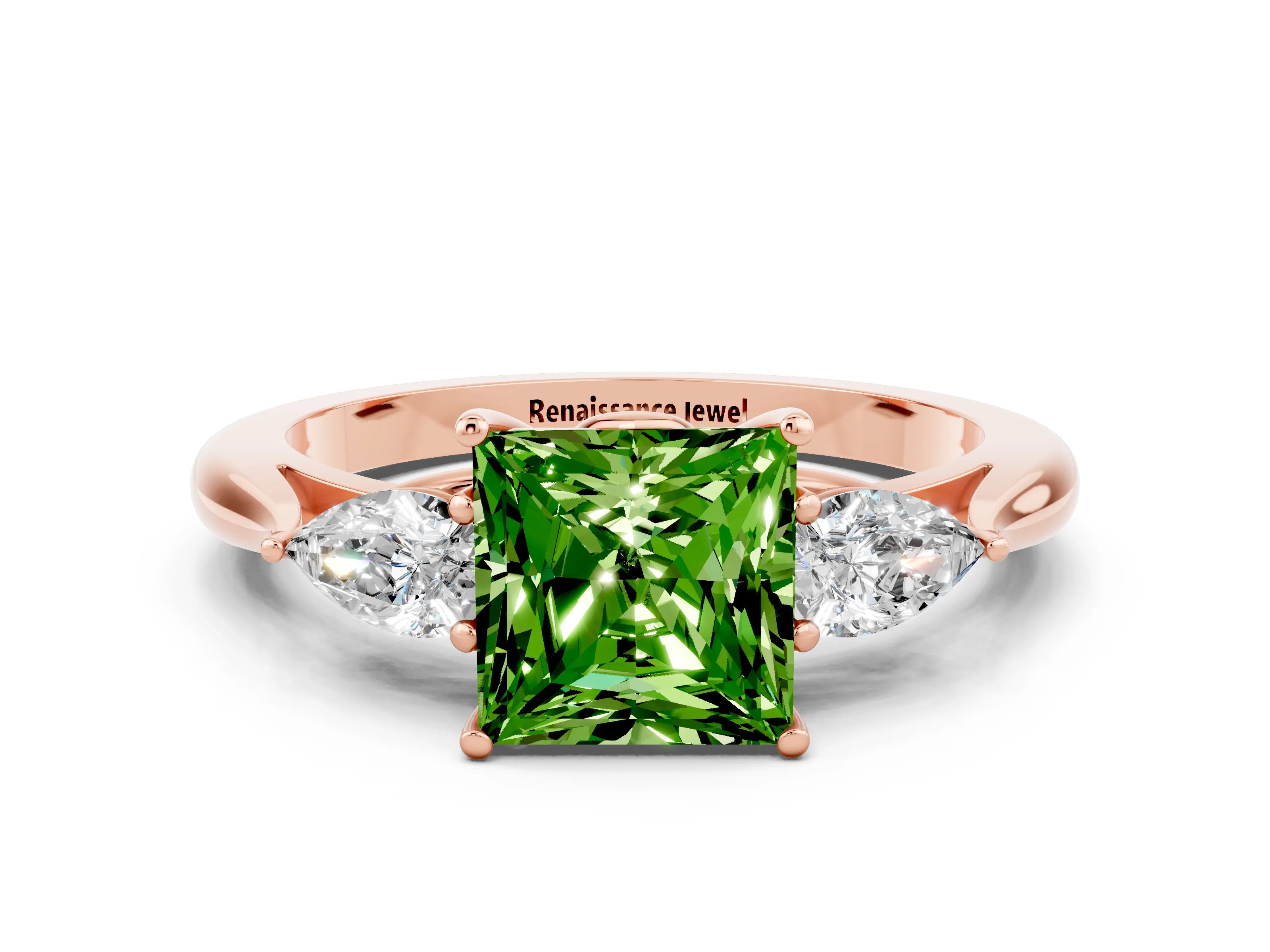 Rose gold Princess Cut Peridot Three-Stone Ring with Pear Side Stones and Four-Prong Setting_12