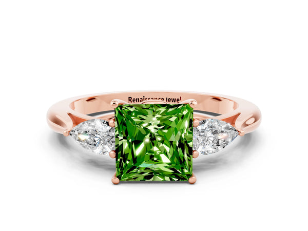 Rose gold Princess Cut Peridot Three-Stone Ring with Pear  Side Stones and Prong Setting