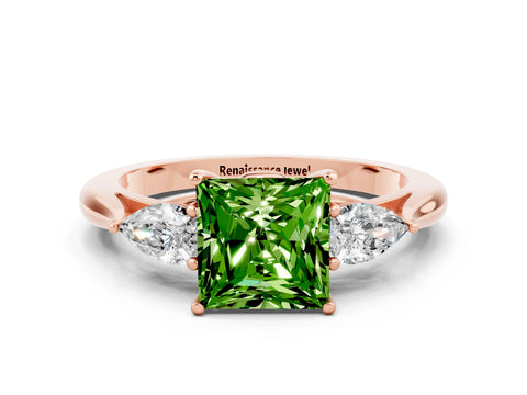 Rose gold Princess Cut Peridot Three-Stone Ring with Pear Side Stones and Four-Prong Setting_12
