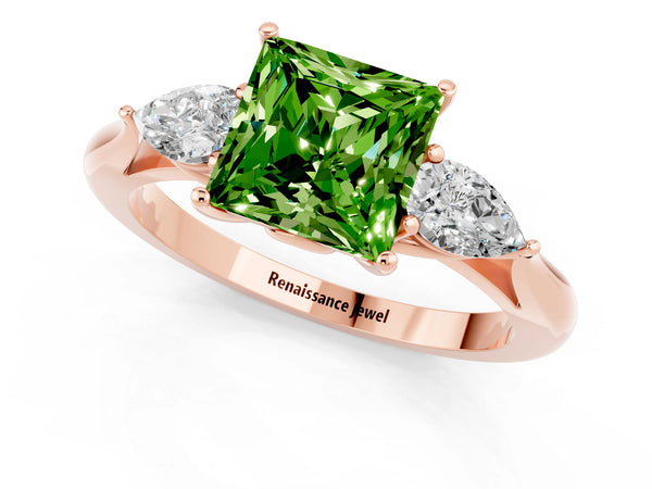 Rose gold Princess Cut Peridot Three-Stone Ring with Pear  Side Stones and Prong Setting