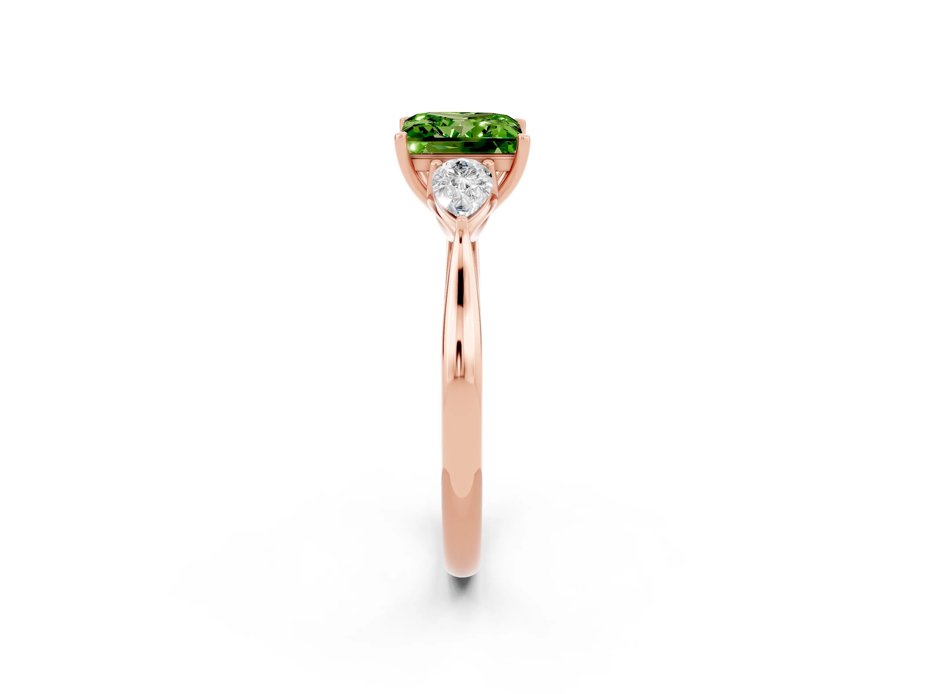 Rose gold Princess Cut Peridot Three-Stone Ring with Pear Side Stones and Four-Prong Setting_14