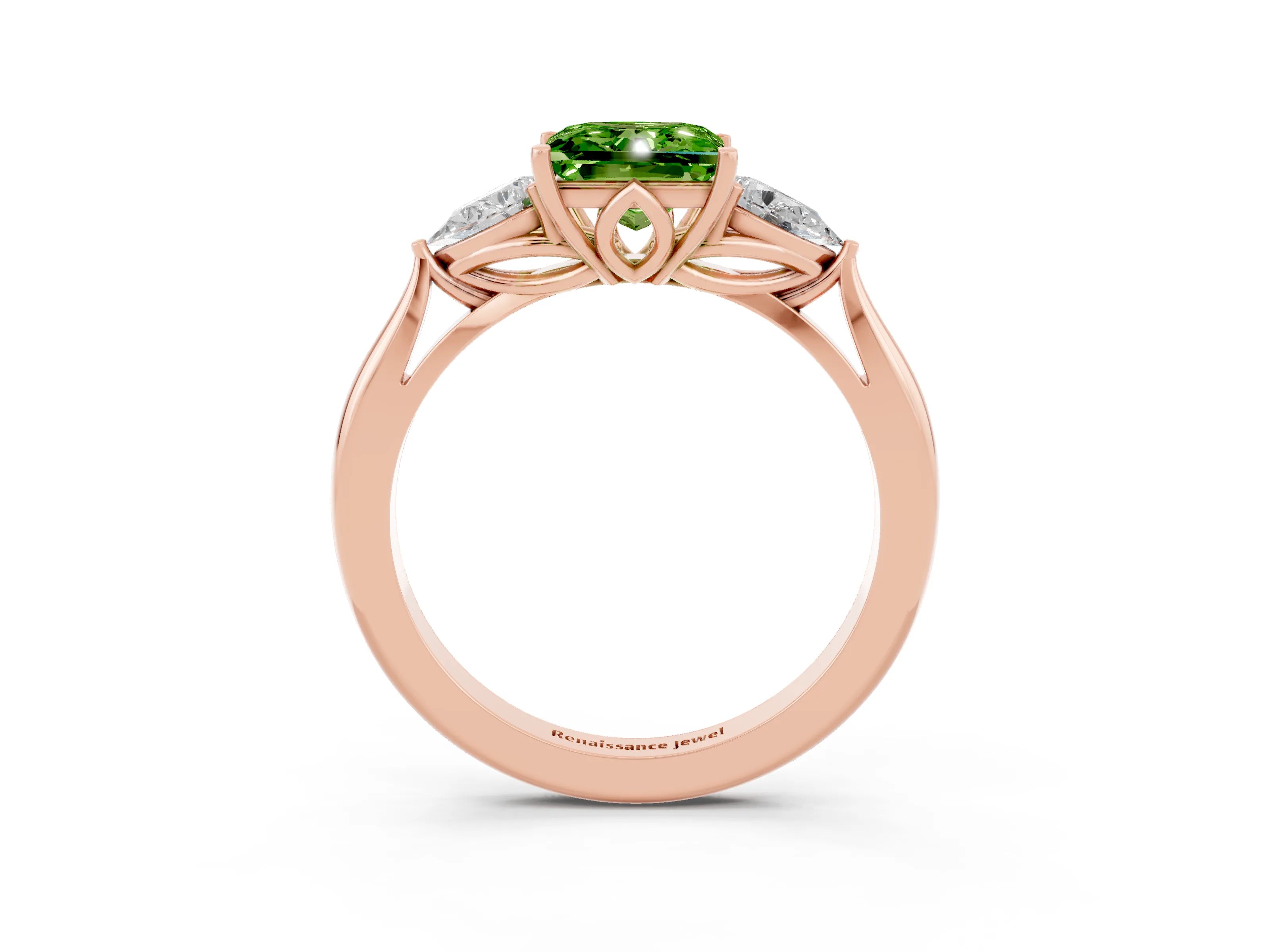 Rose gold Princess Cut Peridot Three-Stone Ring with Pear Side Stones and Four-Prong Setting_15