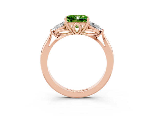 Rose gold Princess Cut Peridot Three-Stone Ring with Pear  Side Stones and Prong Setting