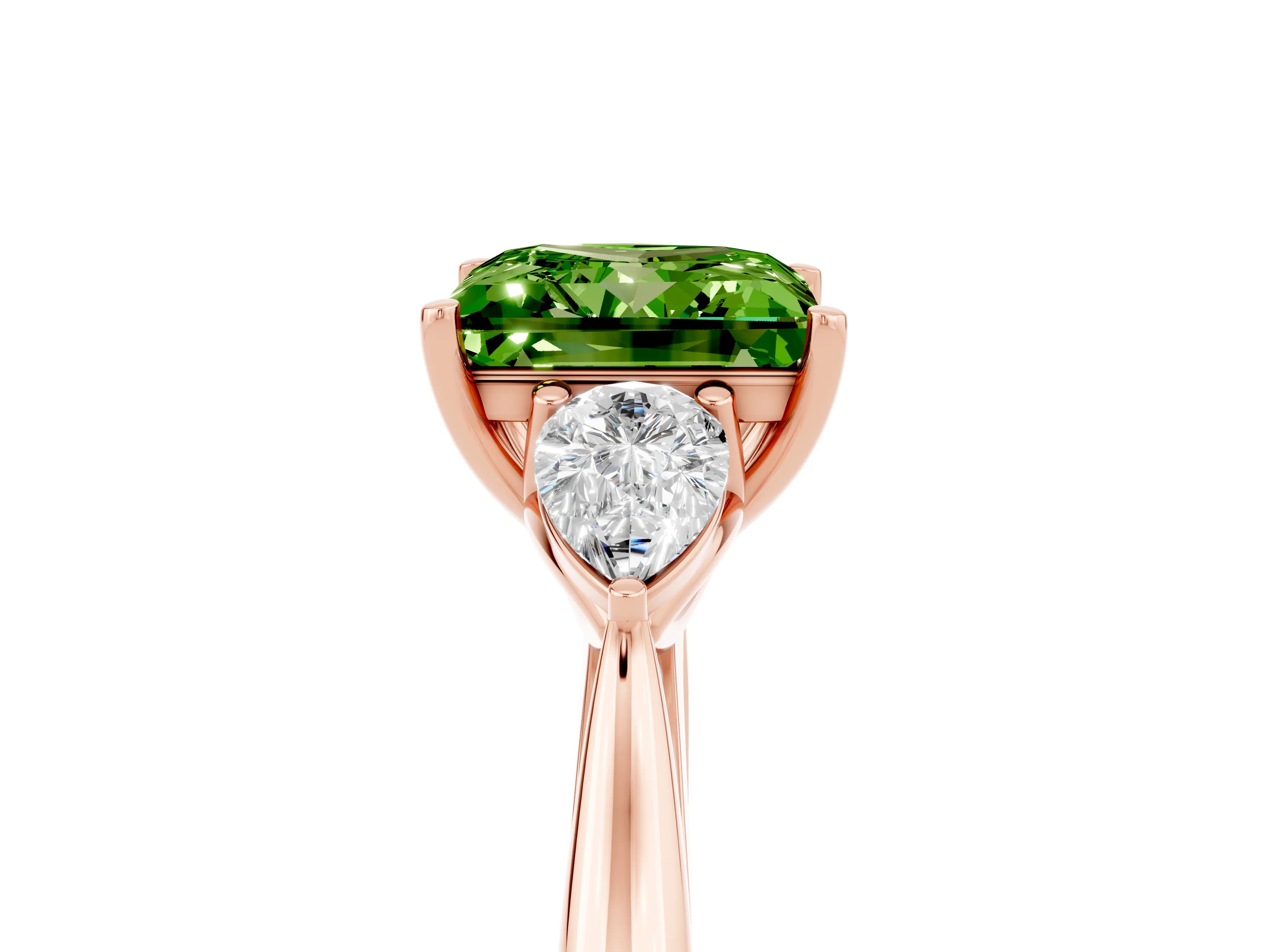 Rose gold Princess Cut Peridot Three-Stone Ring with Pear Side Stones and Four-Prong Setting_17
