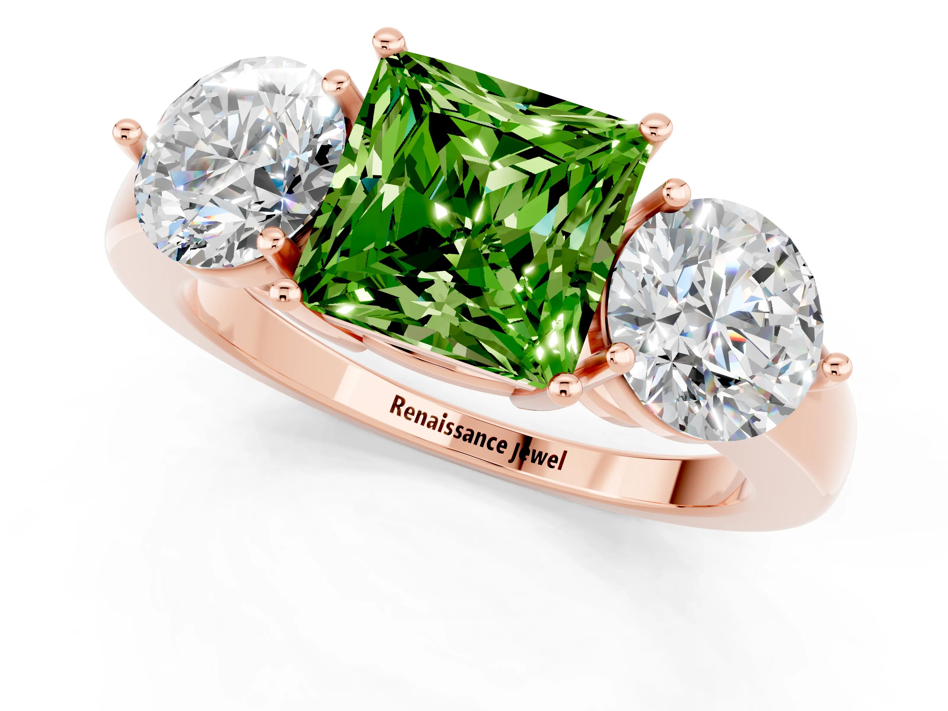 Rose gold Princess Cut Peridot Three-Stone Ring with Prong Setting and Classic Band_1