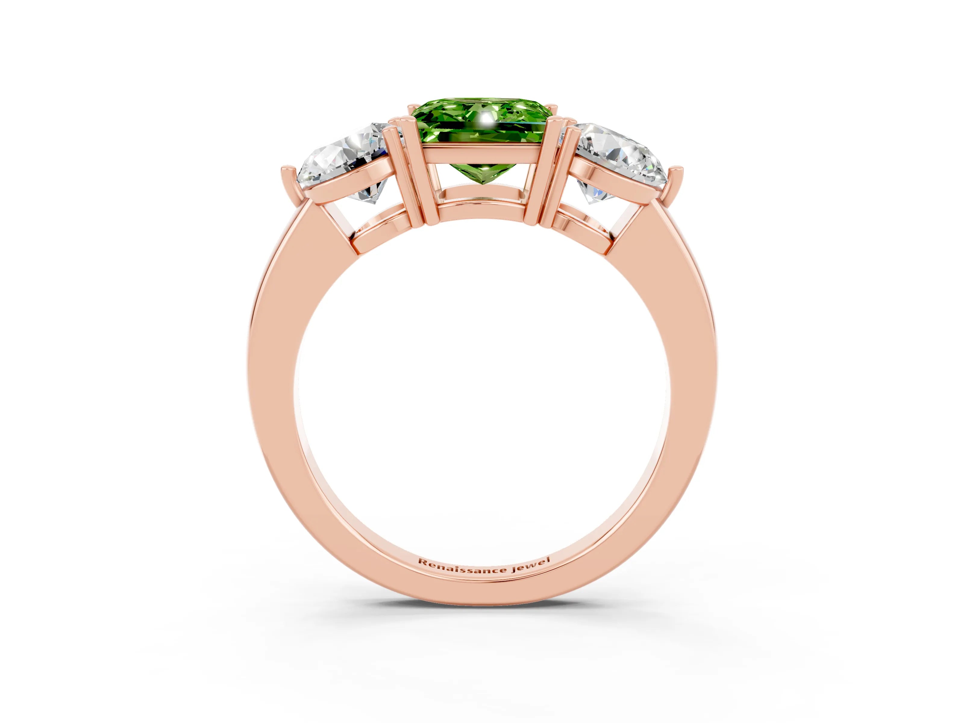 Rose gold Princess Cut Peridot Three-Stone Ring with Prong Setting and Classic Band_3