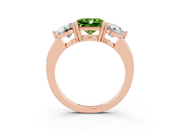 Rose gold Princess Cut Peridot Three-Stone Ring with Prong Setting and Classic Band