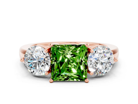 Rose gold Princess Cut Peridot Three-Stone Ring with Prong Setting and Classic Band
