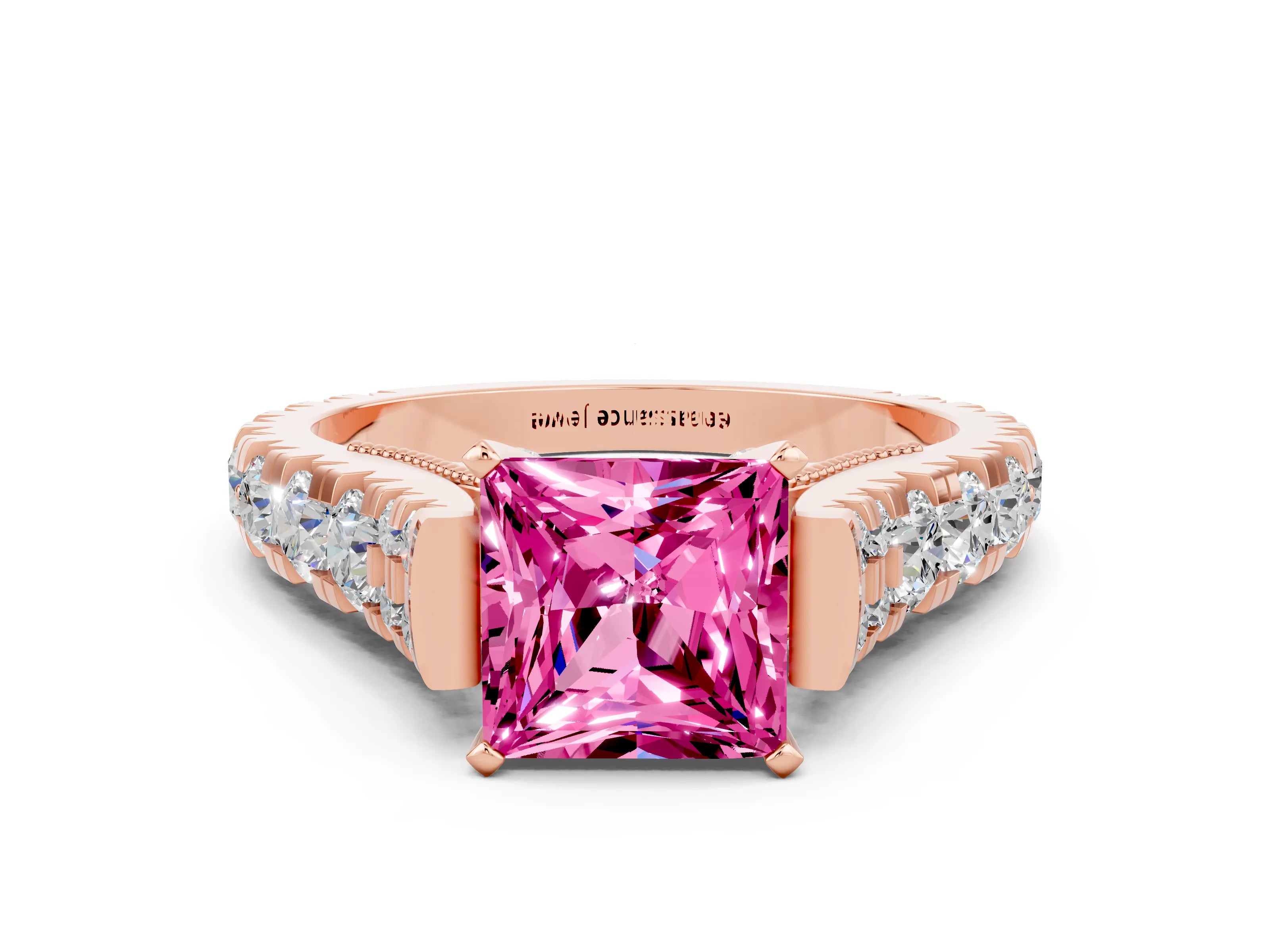 Rose gold Princess Cut Pink Sapphire Classic Solitaire Ring with Pavé Band and Four-Prong Setting_12