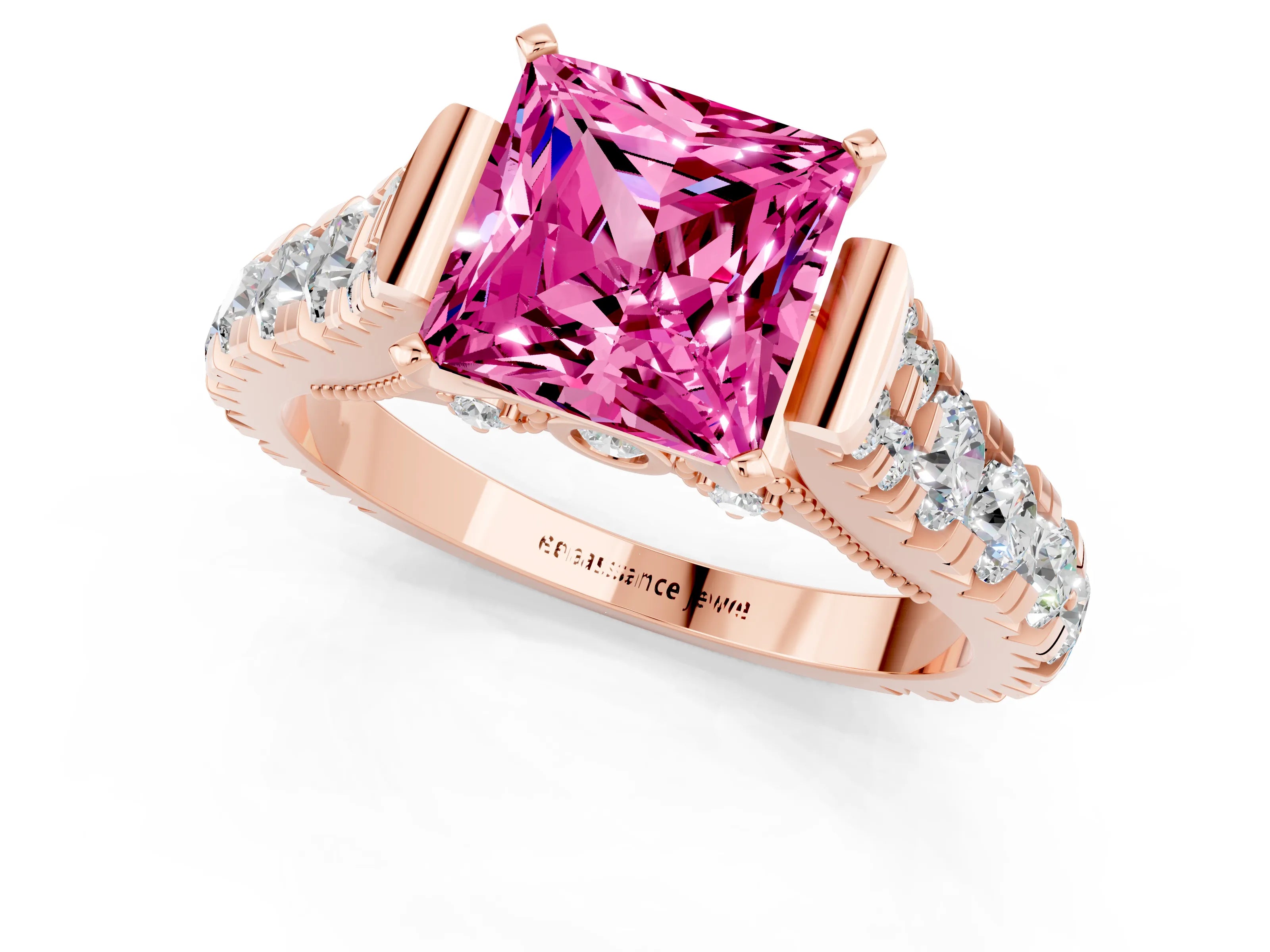 Rose gold Princess Cut Pink Sapphire Classic Solitaire Ring with Pavé Band and Four-Prong Setting_13